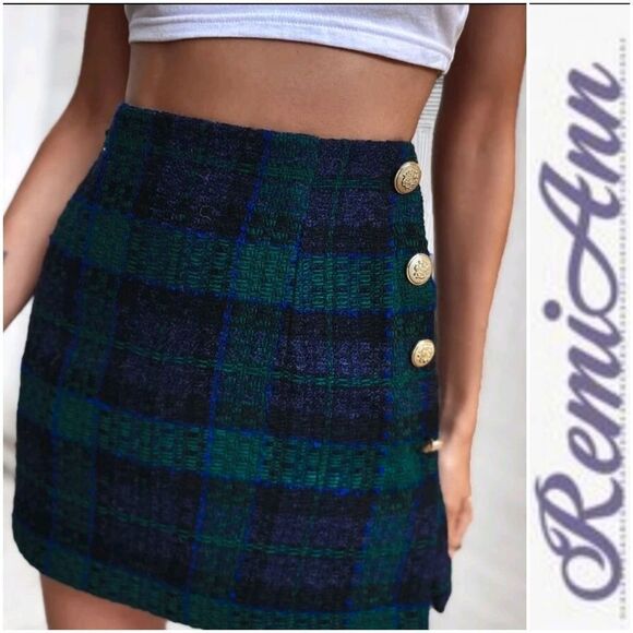 Plaid Button Mini Straight Skirt - Picture 1 of 8